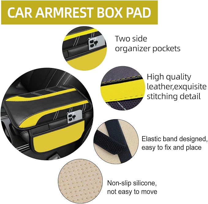 6 Pcs Yellow Car Accessories Set, Sport Leather Steering Wheel Cover 14.5-15inch Universal, Microfiber Leather Car Center Console Cover, Seat Belt Cushion, Cup Holder Coaster (Black-Yellow)