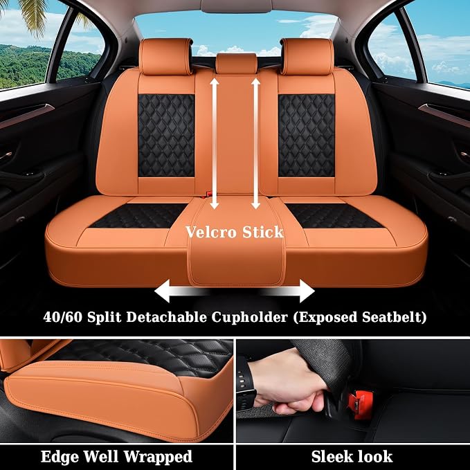 Coverado Universal Car Seat Covers Full Set, Vintage-Style Soft Waterproof Faux Leather Front & Rear Seat Protectors, Comfortable Anti-Stain Interior for Most Vehicles – BrownBlack