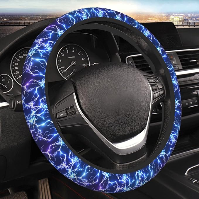 Abstract Blue Cool Lightning Steering Wheel Cover For Women Men Girls Car Accessories Decor Anti-Slip Neoprene Auto Steering Wheel Covers Protector Universal 15 Inch