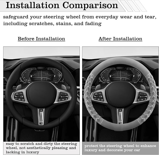 Premium Gray Diamond Patterned Plush Steering Wheel Cover, for Universal Auto Steering Wheel 14.5-15 in, Short Fluffy, Anti-Slip, Soft Plush, Comforting and Luxurious, Odorless, Soft Texture