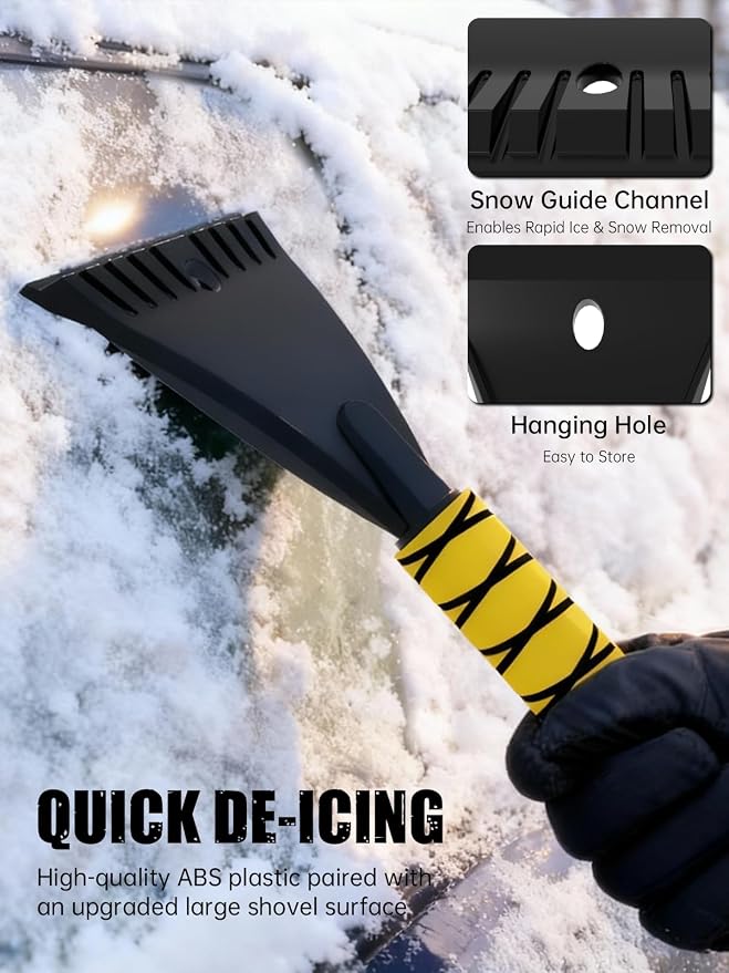 27" Snow Brush and Ice Scrapers for Car Windshield, Yellow | Detachable Windshield Scraper, Snow Removal Tool with Curved Connector & Ergonomic Foam Grip for Cars, Trucks, SUVs
