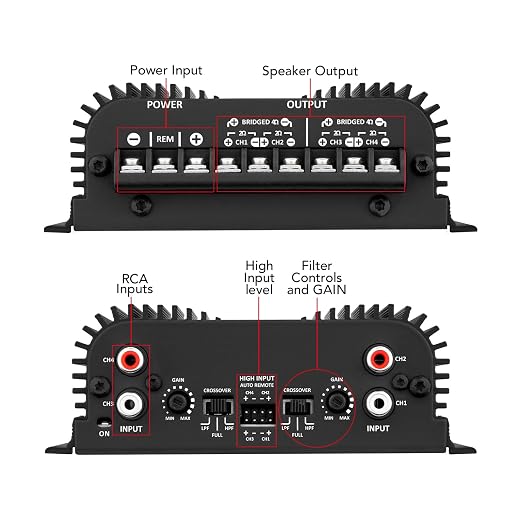 TS 400x4 2 Ohms Black Multichannel Stereo Amplifier 400 Watts Rms, 4 Channels, Full Range, Car Audio Digital 2 Bridged Channel, Crossover High/Low Pass, with RCA and Automatic High Level Input