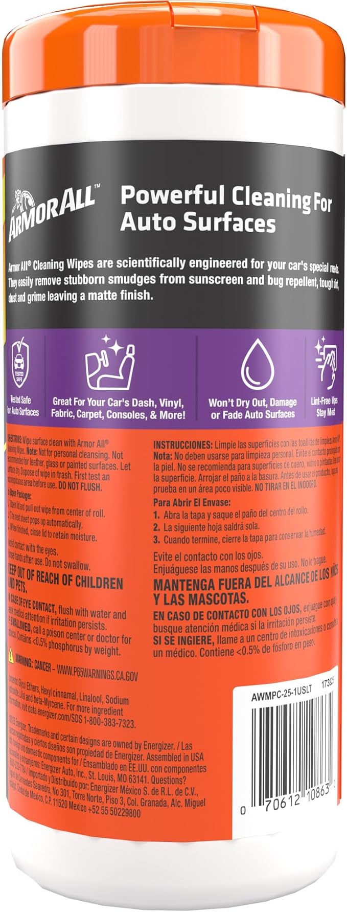 Interior Car Cleaning Wipes, 25 Count Canister, Powerful Cleaning for Dashboards, Vinyl, Clear Plastics, Carpet and Fabric
