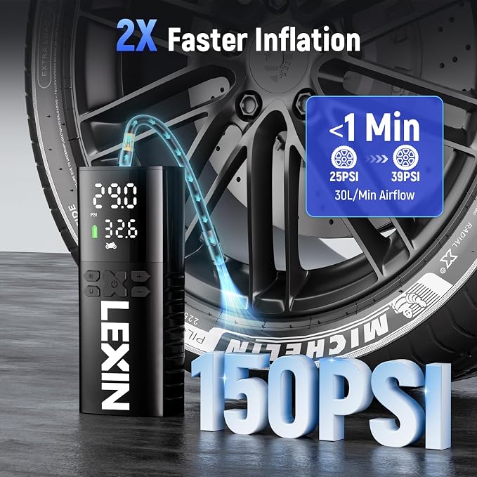 P4 Tire Inflator Portable Air Compressor, 150PSI Electric Air Pump for Car Tires, w/Pressure Gauge&LED Light, 4000mAh Cordless Smart Pump for Car/Motorcycle/Bike/Bicycle/Scooter/Ball/Inflatable