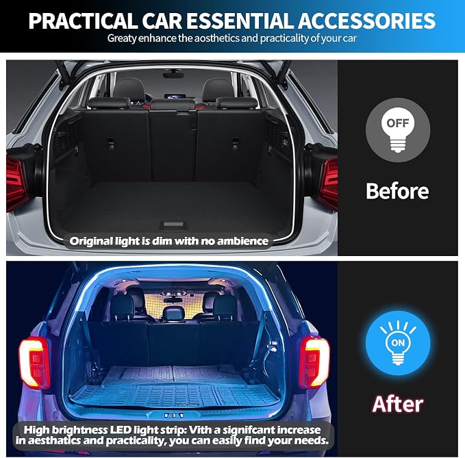 Car LED Strip Lights - Trunk Cargo Ambient Lighting, Ice Blue 7000K, 118.11 inches Flexible Cuttable LED Light Strip, Easy Install, Waterproof, Universal Fit for Car Trunks, SUVs, and Vans