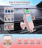 Wireless Car Charger, 15W Fast Charging Auto-Clamping Car Charger Phone Mount Air Vent Cell Phone Holder Compatible iPhone 16/15/14/13/13 Pro/12 pro/12/11, for Samsung Galaxy S23/S22/S21, Pink
