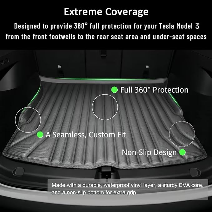 Floor Mats & Cargo Liners Compatible with 2024-2026 Tesla Model 3 Highland, All-Weather Full Cabin Protection System, Premium Soft Mat Set for Floors, Trunk, Frunk & Seatbacks