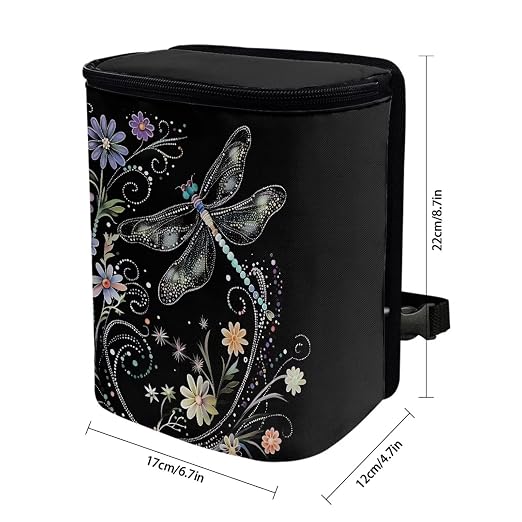 Dragonfly Flower Print Car Trash Can with Lid, Leak Proof Auto Trash Bag Hanging Vehicle Garbage Can Multipurpose Storage Container for Back Seat Road Trip