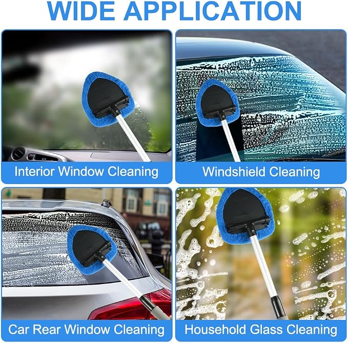 6 Pcs Windshield Cleaning Tool, Car Window Cleaner Kit with 5 Reusable Microfiber Pads, 1 Spray Bottles, Extendable Long Handle, Auto Inside Glass Wiper Kit for Vehicles(Blue)
