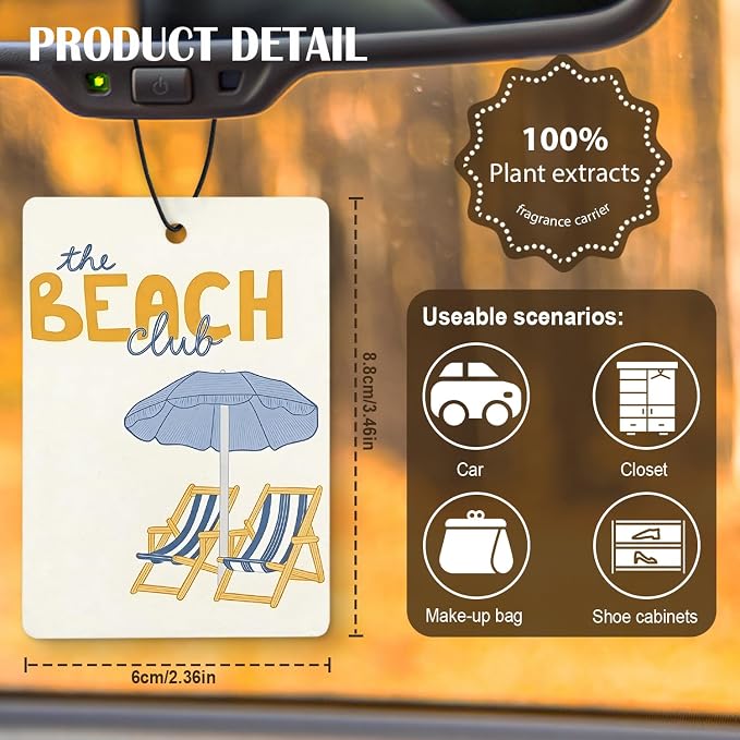 Coastal Blue Beach Air Freshener Diffuser Hanging for Car Interior Closet Drawer Home 4 Pcs, Nautical Summer Seaside Sunrise Beachy Car Accessories Mirror Decor