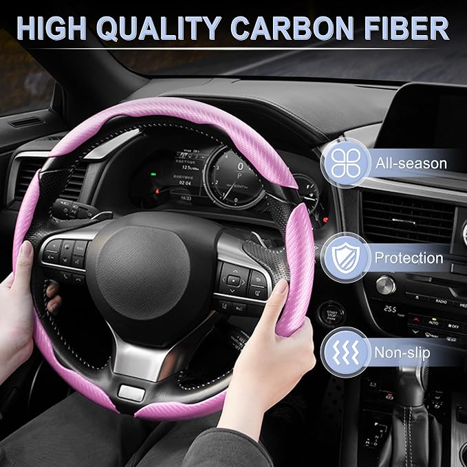 3pcs Carbon Fiber Anti-Skid Steering Wheel Cover, Waterproof & Segmented Butterfly Design, Universal 99% Vehicle Wheel Cover Protector, Car Interior Accessories (Pink-3pcs)