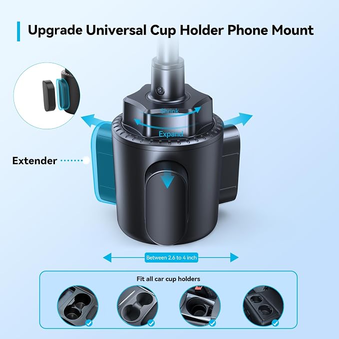Cup Phone Holder for Car - Adjustable Gooseneck Cup Holder Phone Holders with Air Vent Holders & Expandable Base, Cupholder Phones Mount for iPhone 17/16 Pro Max and All Cell Phones, Car Model