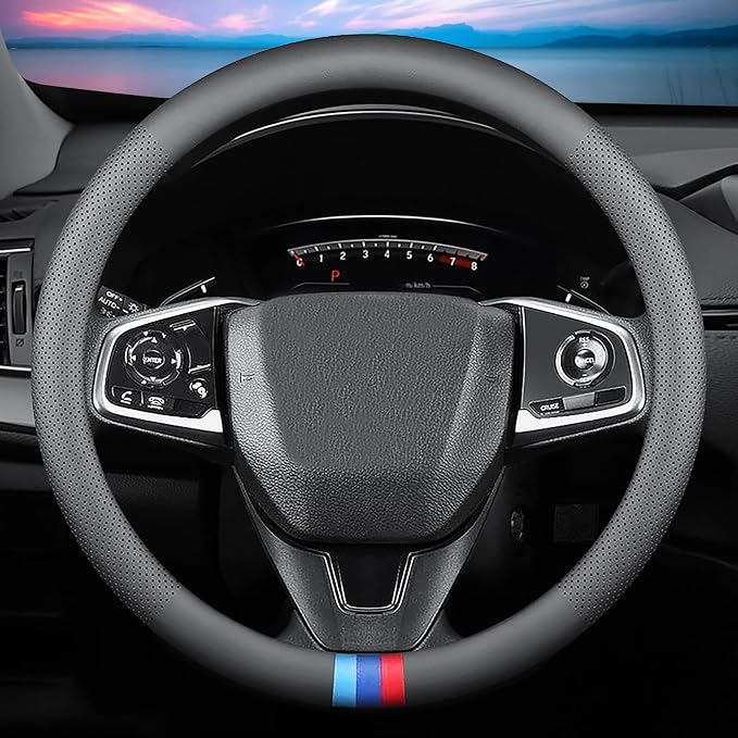 Car Leather Steering Wheel Cover - Panapi Material, Universal 14.5-15 Inch Leather Anti-Slip Breathable Auto Steering Wheel Covers for Men Women (Nappa Leather - Tricolor Stripes)