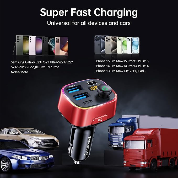 Bluetooth 5.4 FM Transmitter Car Adapter 48W (PD 36W & 12W) [Light Switch] [Hi-Fi Deep Bass] [Fast Charge] Wireless Radio Music Adapter LED Display Hands-Free Calling Support USB Drive, Red