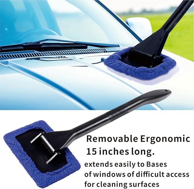 10pcs Car Windshield Cleaning Tool, Windshield Cleaner with 5 Washable and Reusable Microfiber Pads and Extendable Handle, for Auto Glass Wiper (Bule（10pcs）)