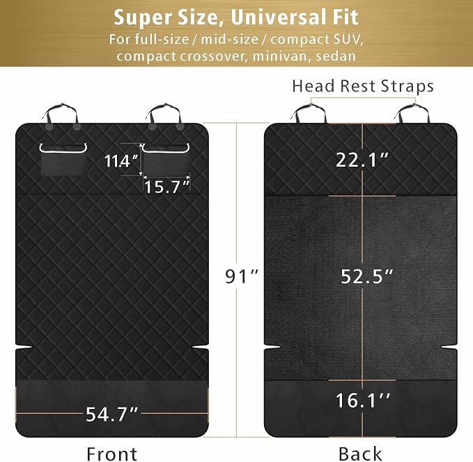 SUV Cargo Liner for Dogs, Waterproof Pet Cargo Cover Dog Seat Cover Mat for SUVs Sedans Vans with 2 Large Pockets, Non-Slip, Large Size Universal Fit, Black