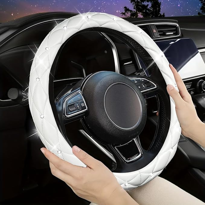 Steering Wheel Cover, Auto Cute PU Diamond Bling Breathable Soft Comfort Leather Car Interior Accessories Sparkly Fit Most O-Shaped Steering Wheels for Women Men (White)