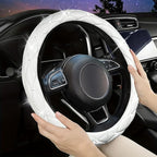 Steering Wheel Cover, Auto Cute PU Diamond Bling Breathable Soft Comfort Leather Car Interior Accessories Sparkly Fit Most O-Shaped Steering Wheels for Women Men (White)