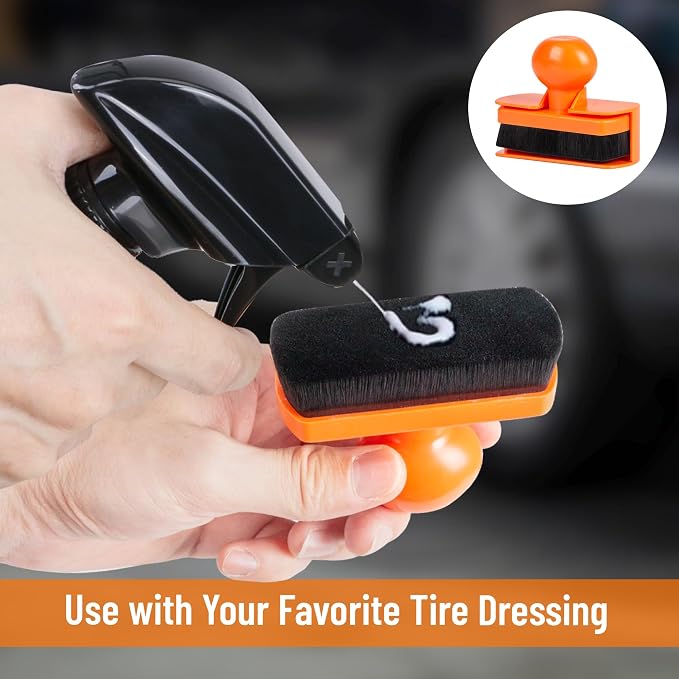 Tire Shine Applicator Brush - Extra Large Automotive Tire Dressing Applicator Brush with Storage Stand for Tire Detailing & Car Wash Kit, Black, 3.6 Inch Length (Orange)