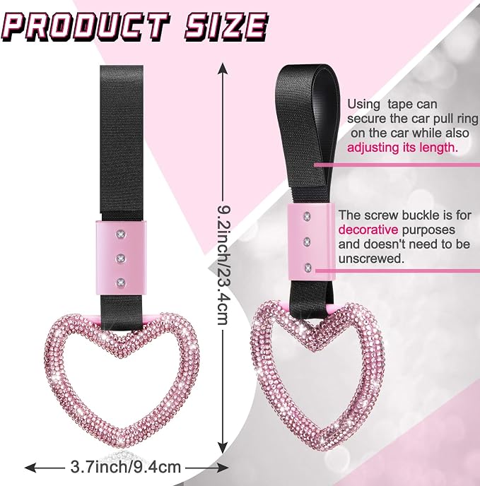 Bling Car Accessories Bling Heart Handle Ring Car Accessory for Women Hand Strap Drift Charm Rear Bumper Warning Ring Decor for auto Bus Interior Exterior Decoration (Pink, Heart Style)