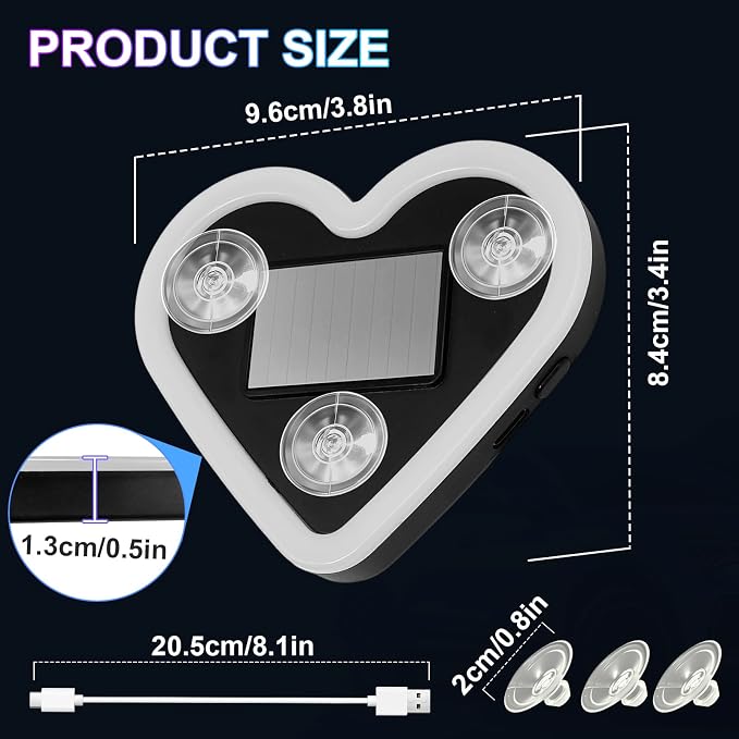 Heart-Shaped LED Neon Light | Solar and USB Rechargeable | 2 Pack Blue Car Interior Lights with Suction Cups | 40 High-Brightness LEDs Car Ambient Light, 5 Modes
