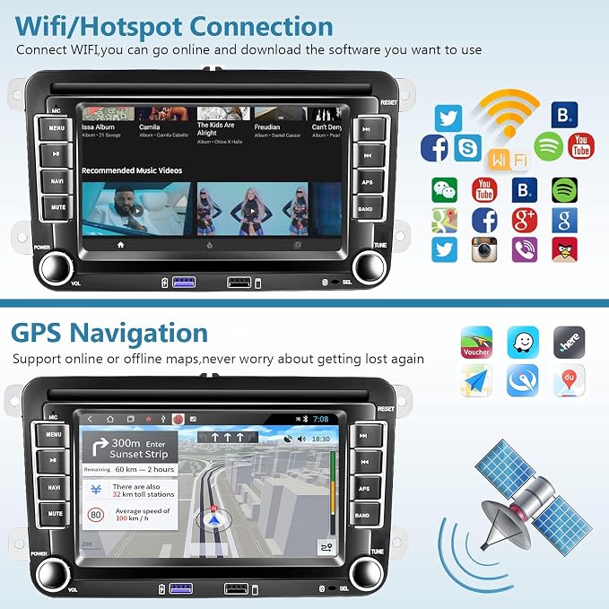 2G+64G Android for VW Jetta Seat Passat Tiguan CC Golf Skoda Double Din Car Stereo with Wireless Carplay/Android Auto 7 Inch HD Touchscreen Head Unit