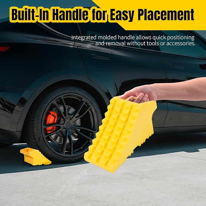 High Visibility Poly Foam Wheel Chock 2-Pack | 8" x 4" x 4" Lightweight Tire Stop | Slip-Resistant Rubber Base | Built-in Handle | Safety Yellow (50503)