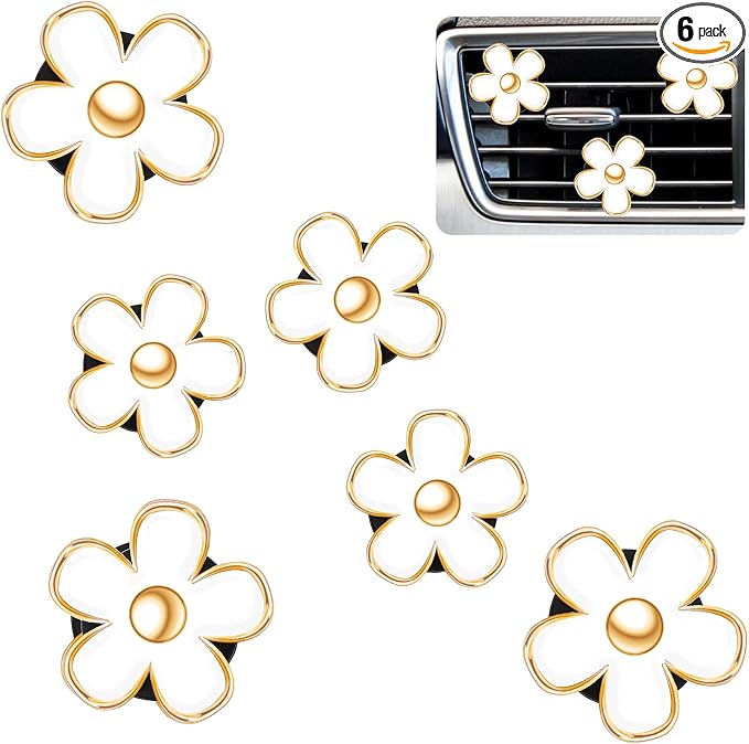 6 Pcs Daisy Flower Air Vent Clip Accessories Air Conditioning Outlet Clip Car Air Freshener Dashboard Accessories Charm Car Inter Decor(3 cm, 3.3 cm,White)