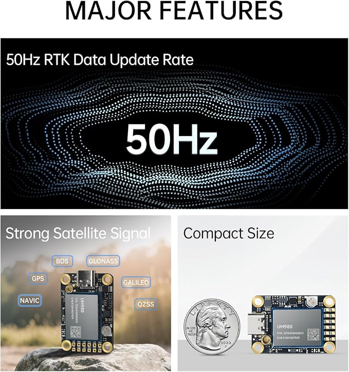 MJ GPS RTK Module, Centimeter-Level high-Precision Tracker, All-Constellation(GPS/BDS/GLONASS/Galileo/QZSS) GNSS Receiver, Real-time Positioning of Vehicles and GPS surveys (MJRTK-UM980)