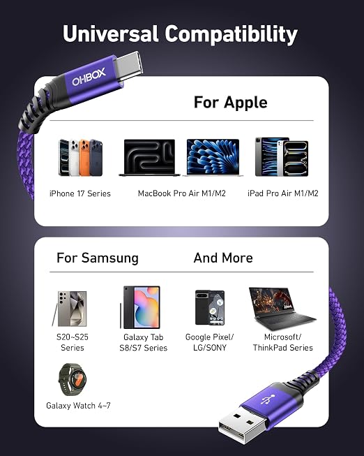 USB to USB C Cable Fast Charging [2 Pack 6FT], USB A to USB C Cable for Car, Durable Braided USB Type C iPhone Charger USBC Cord for iPhone 17/16/15/Pro Max/Plus, Samsung Galaxy S23 and More-Purple