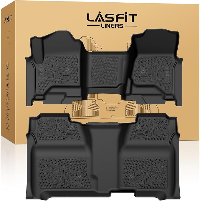 Floor Mats 2014-2018 for Chevy Silverado/GMC Sierra 1500, 2015-2019 2500HD 3500HD (Crew Cab Only/Bench Seat Only) All Weather TPE Custom Fit Car Floor Liners, with Carpet Floor Only