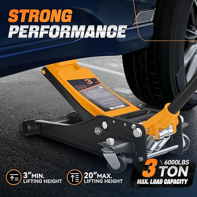 3 Ton Low Profile Floor Jack, Heavy Duty Steel Hydraulic Car Jack with Dual Pistons Quick Lift Pump, Hydraulic Racing Floor Jack, Lifting Range 3" to 20", Orange