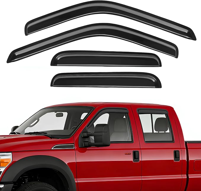 Rain Guards Fit for 1999-2016 Ford F250 F350 F450 F550 Super Duty SuperCrew Cab, Tape-On Side Window Deflector Durable Sun Rain Guard Black 4 PCS
