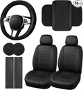 10 PCS Leather Car Seat Covers Front Set, 14.5”-15'' Sporty Steering Wheel Cover Universal, Center Console Cover, Seat Belt Cushion, Cup Holder Coaster, Car Interior Set Black