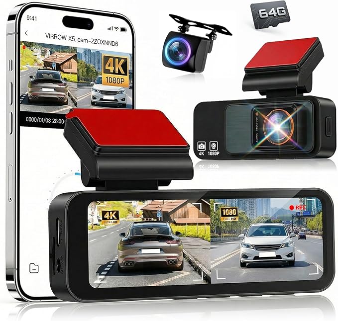 4K Dash Cam Front and Rear, 3.16" Screen Dual Dash Camera for Cars with WiFi & GPS, Night Vision, 170°Wide Angle Car Dashboard Cam, G-Sensor, Loop Recording, 64GB Card Included