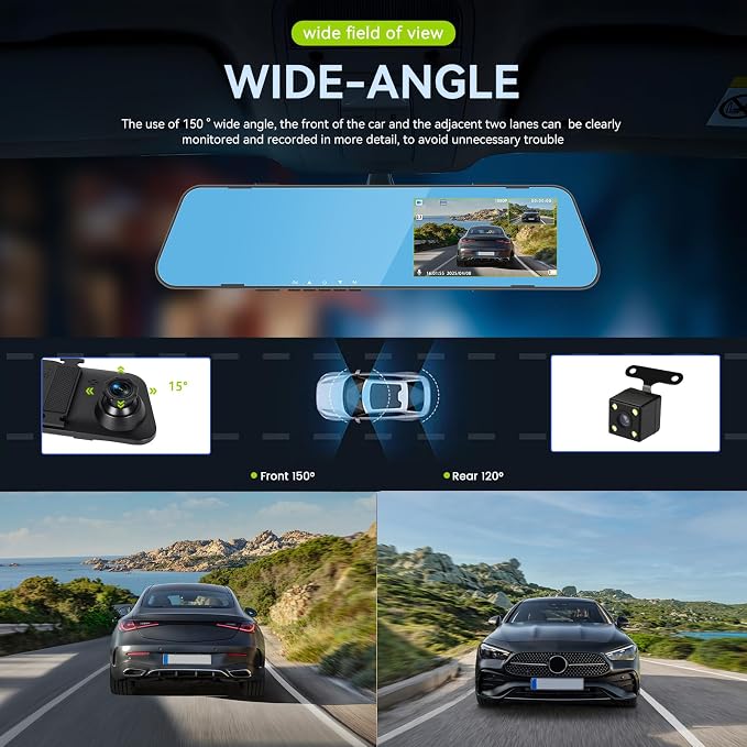 4.5 Inch Mirror Dash Cam Backup Camera 1080P Front and Rear View Mirror Camera for Cars Dual Lens Cam Loop Recording 150°Wide Angle G-Sensor Parking Assistance