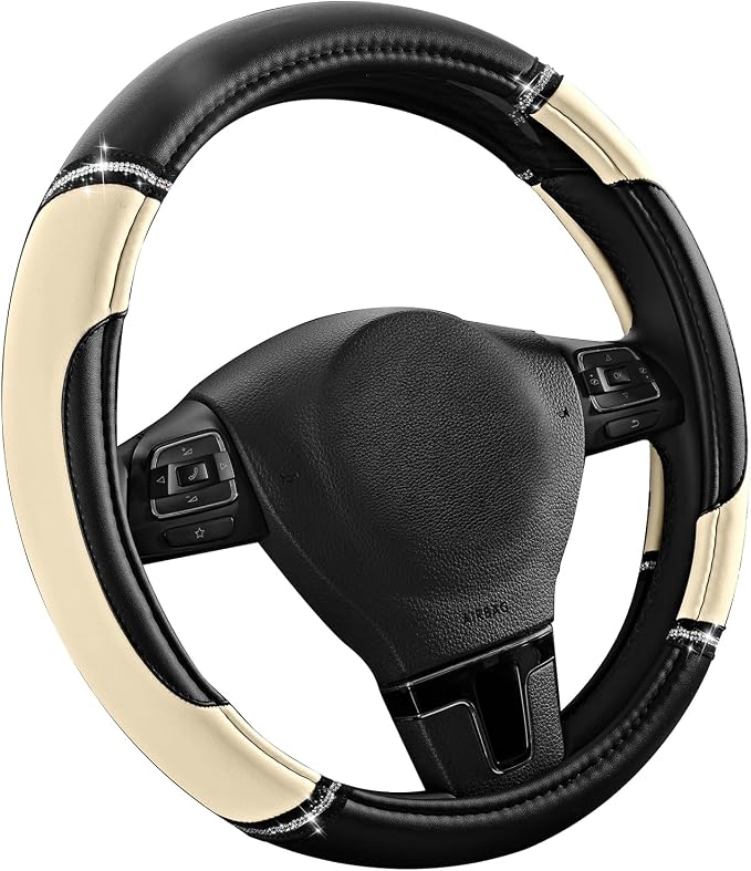 Leather Steering Wheel Cover - Made with PVC Leather - Anti-Slip, Universal Fit 14 1/2 inches to 15 inches - Milky White