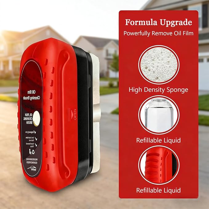 Automotive Oil Film Cleaning Brush for Glass Windshield & Windows – Upgrade 2.0 Kit with Cleaner & Refill, Anti-Rain & Anti-Fog Coating, Windshield Cleaner Tool for Clarity and Safer Driving (Red)