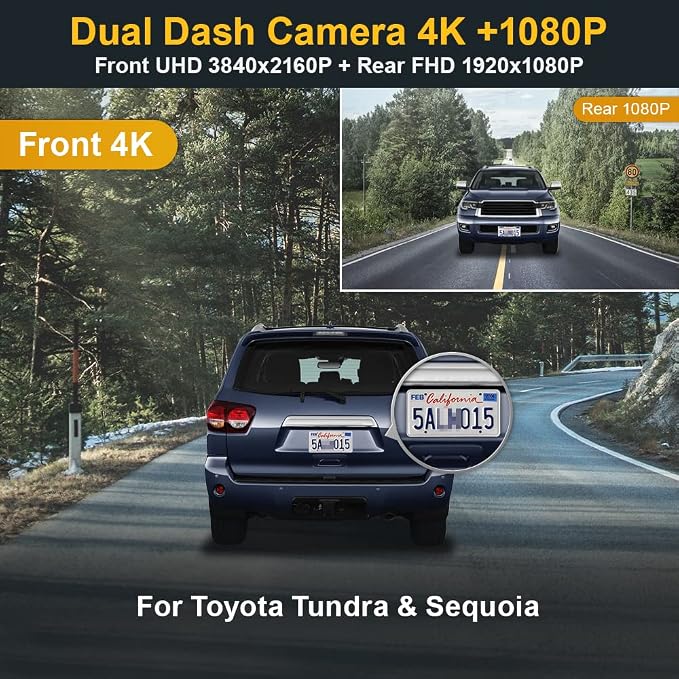 4K Dual Cam Suitable for Toyota Tundra 2017 2018 2019 2020 2021 & Sequoia 2017-2022 Limited SR5 Platinum, OEM Look, Front 2160P Rear 1080P HD Video, Loop Recording WiFi, G-Sensor 128GB Card