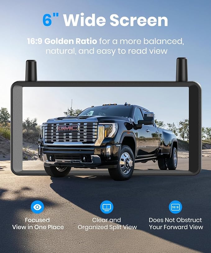 2 Solar Wireless Backup Camera, 6" 16:9 HD Monitor | Dual Antenna Strong Signal, Split Screen View for Balanced Dual Views, DVR Recording Back Up Camera for Car,SUV,Truck,Trailer