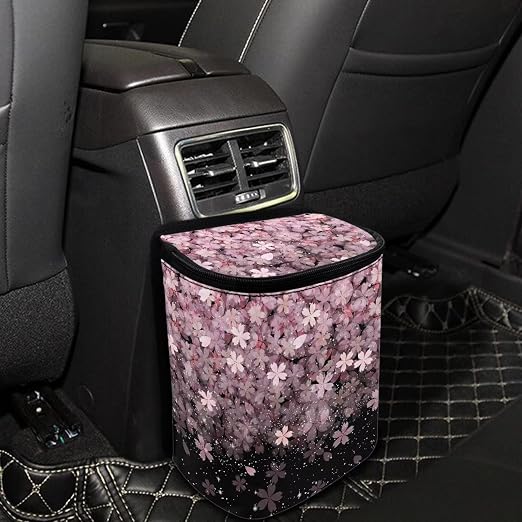 Cherry Blossom Print Car Trash Can with Lid, Leak Proof Auto Trash Bag Hanging Vehicle Garbage Can Multipurpose Storage Container for Back Seat Road Trip