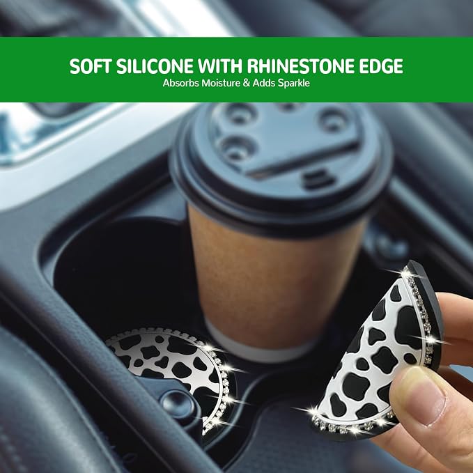 Cow Print Car Accessories Set for Women and Teen Girls – Cute Tire Valve Stem Caps, Heart Air Vent Clips, Bling Car Coasters, Cute Interior Automotive Decor Gift for Female Drivers, Cow Car Decor