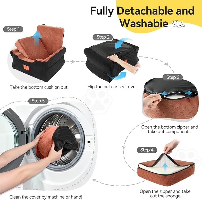 Dog Car Seats for Small/Medium Dogs, Elevated Memory Foam Dog Booster Seat, Detachable Washable Pet Car Seat with Safety Belts & Storage Pockets (Black-Brown)