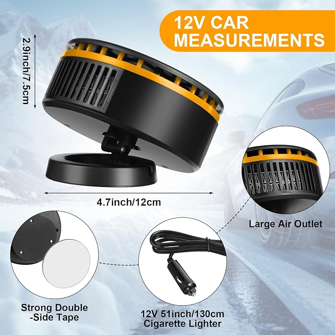 3 Pcs Portable Car Heater 12v Vehicle Heaters 2 in 1 150w Plug in Cigarette Lighter Windscreen Defogger Defroster 360° Fast Heating Cooling Fan Air Circulator for Winter Suv Rv(Yellow)