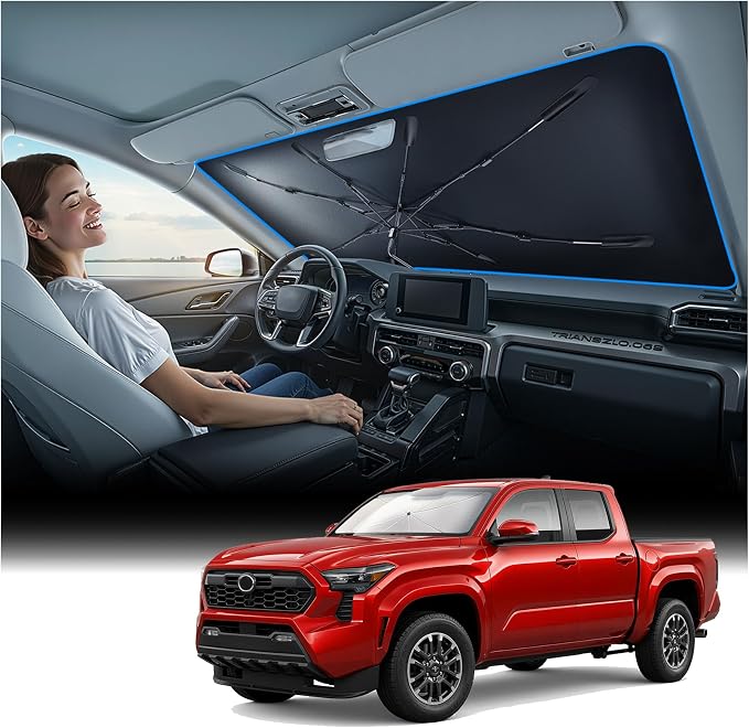 Windshield Sun Shade Umbrella for Toyota Tacoma - [Vinyl Coating Heat Shield] Protect Car from Sun Rays & Heat Damage Keep Cool and Protect Interior, Spring Structure Edge