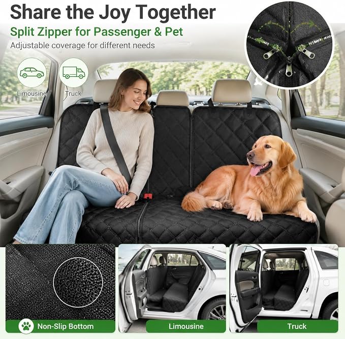 Dog Car Seat Cover for Back Seat, Waterproof 600D Oxford Pet Seat Protector for Cars SUVs Trucks, Heavy Duty Non-Slip Rear Bench Cover, Machine Washable Scratchproof - Black