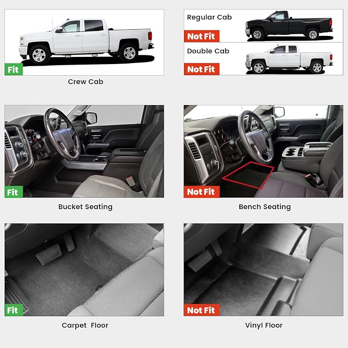 Floor Mats 2014-2018 for Chevrolet Chevy Silverado/GMC Sierra 1500 Only Crew Cab, 2015-2019 Silverado/Sierra 2500HD 3500 HD, Only Crew Cab, with Carpet Floor, Only Fit 1st Row Bucket Seating