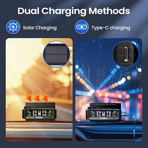 TM8 Tire Pressure Monitoring System, Wireless Solar TPMS with 4 External Sensors & 6 Alarm Modes, Colorful Display, Easy to Intall on Windshield, Ideal for RV Sedan SUV MPV Truck (0-87 PSI)