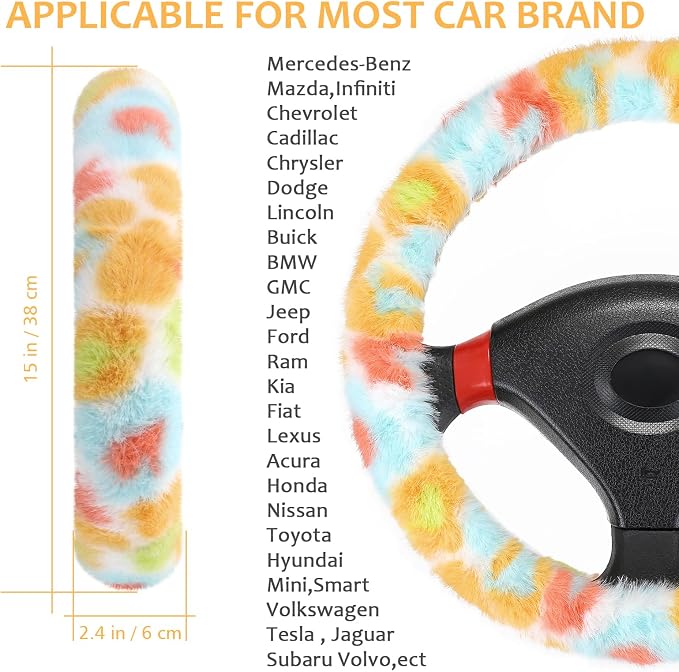 Fuzzy Car Steering Wheel Cover, Universal Fluffy Auto Wheel Cover & Handbrake Cover & Gear Shift Cover Set, Soft Warm Steering Wheel Protector Car Accessories for Men Women Girls, Colorful