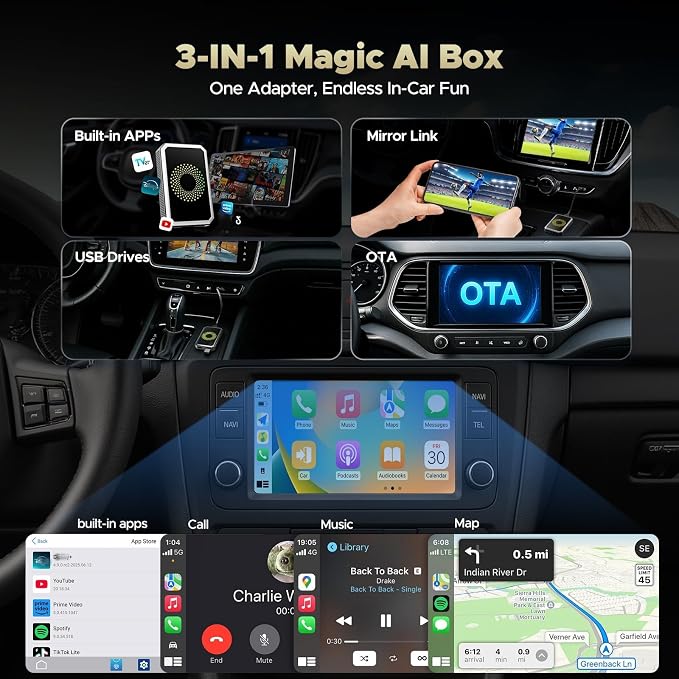 3-in-1 Wireless Carplay Adapter Magic AI Box with YouTube TikTok APPs Upgrade Wired Car Play to Wireless Support USB Drive for iPhone 10+ and Android 13+